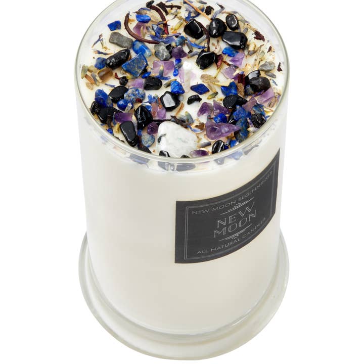 New Moon Beginnings - Wholesale Jar/Filled Candle - New Moon Candle - Dried Flower, Herb, & Crystal Candles9