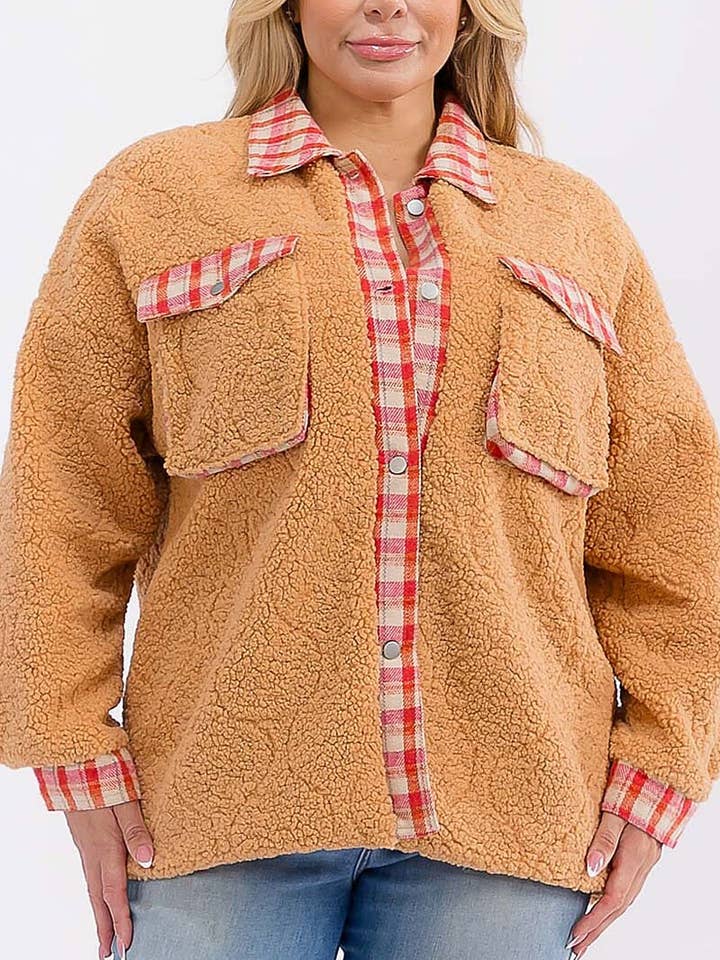 CAMEL BUTTON CLOSURE FRONT POCKETS PLAID SHERPA JACKET for wholesale on Faire0