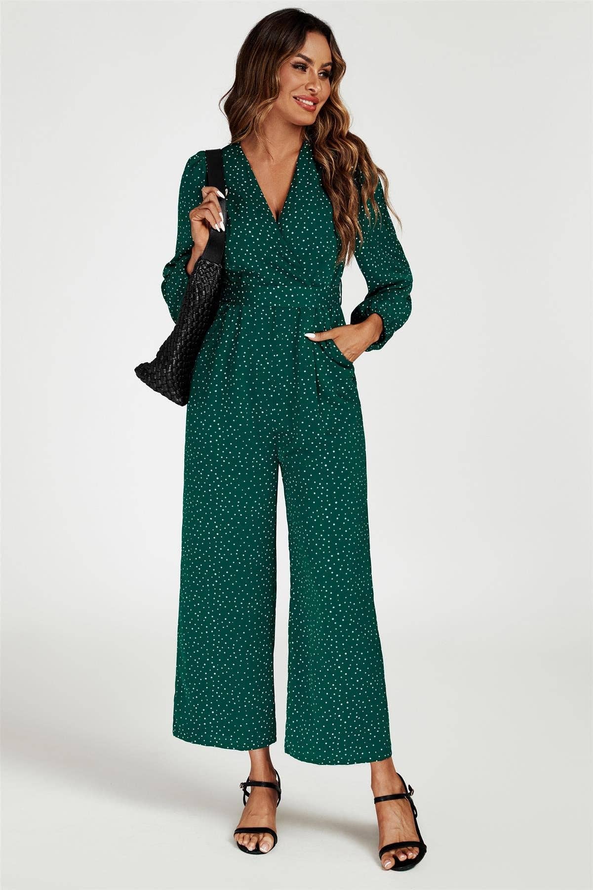 Dot Print Wrap Jumpsuit In Green for wholesale on Faire0