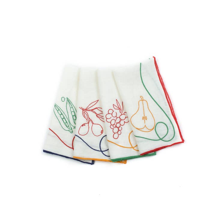 Multicolor Fruits Veggies Fête Embroidered Linen Napkins (Set of 4) for wholesale on Faire