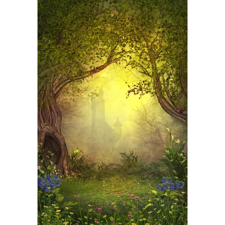 Magisk slot i eventyrskov blomster træer fantasibillede plakat for engroshandel hos Gotham Gifts