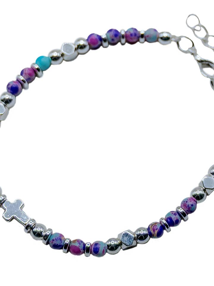 Cross Beaded Bracelet-Purple/Turq for wholesale by Eden Merry Jewelry by James Lawrence