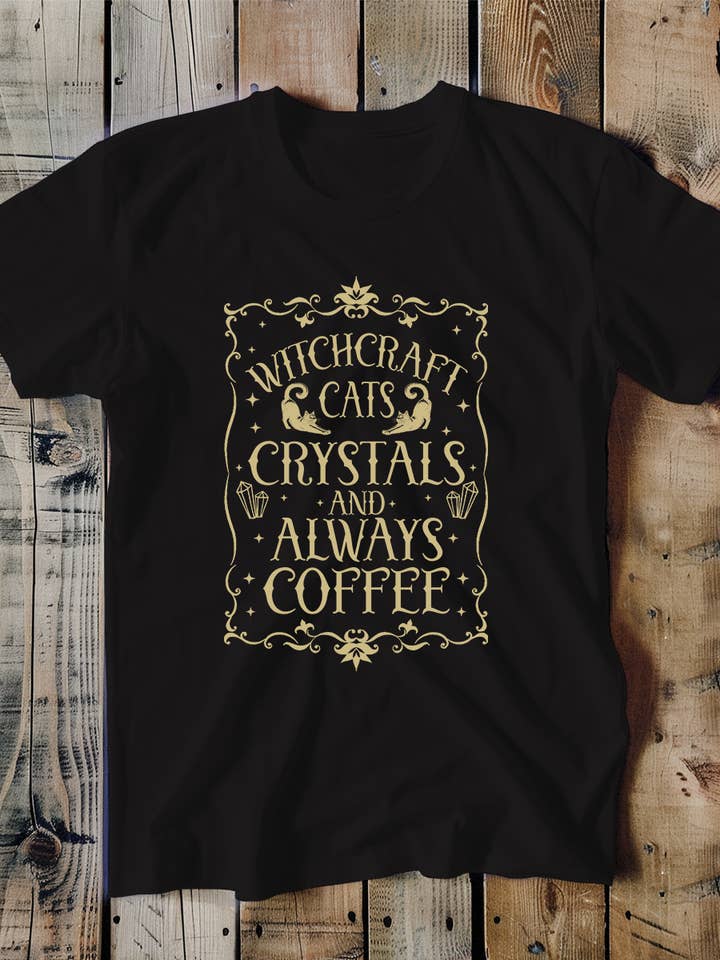 Witchcraft Cats Crystals & Coffee Unisex Tee for wholesale by Swift Retail