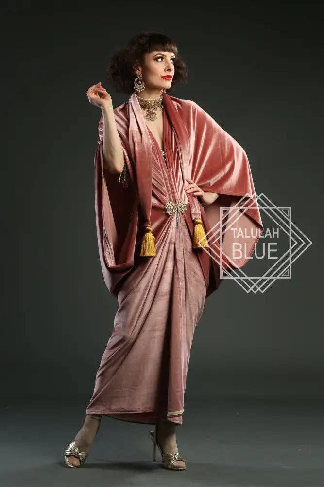 Talulah Blue - Wholesale Dress - Women's - 1920s Blush Velvet Great Gatsby Dress - Floor length flapper Cocoon Robe4