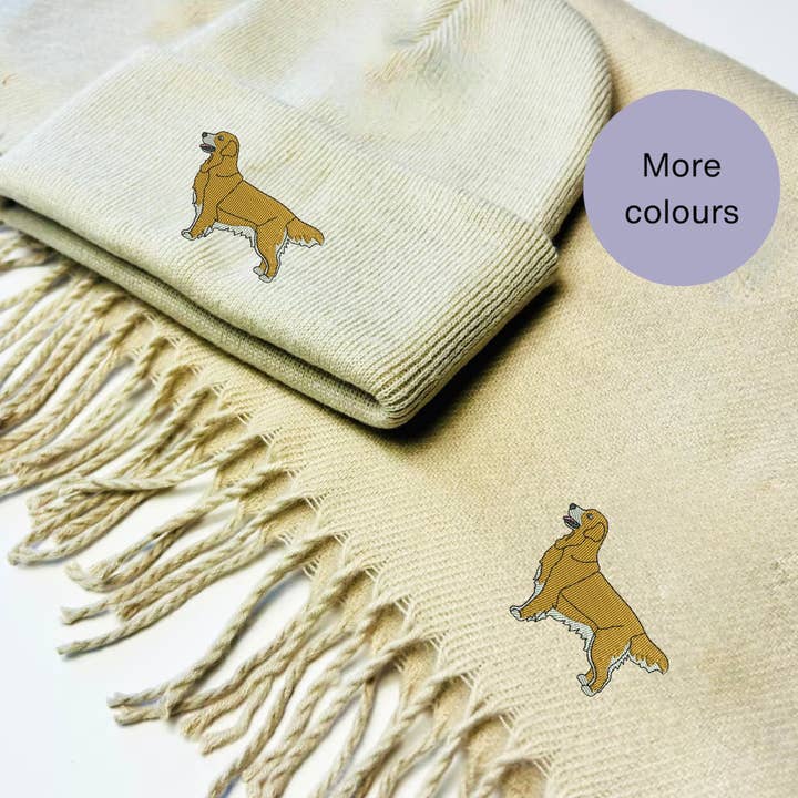 Embroidered Golden Retriever scarf and hat Set - unisex for wholesale by Thread and Needles Co