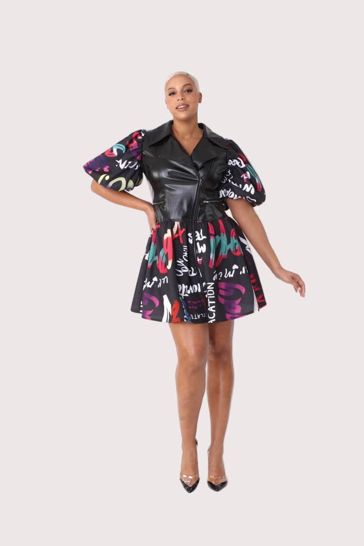 BLACK MULTI Leather Puff Sleeve Printed Dress -82035 for wholesale on Faire1