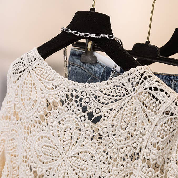 HIDDENBRAND - Wholesale T-Shirt - Women's - Bohemia Crochet Lace bell flare sleeve tee top cover up15