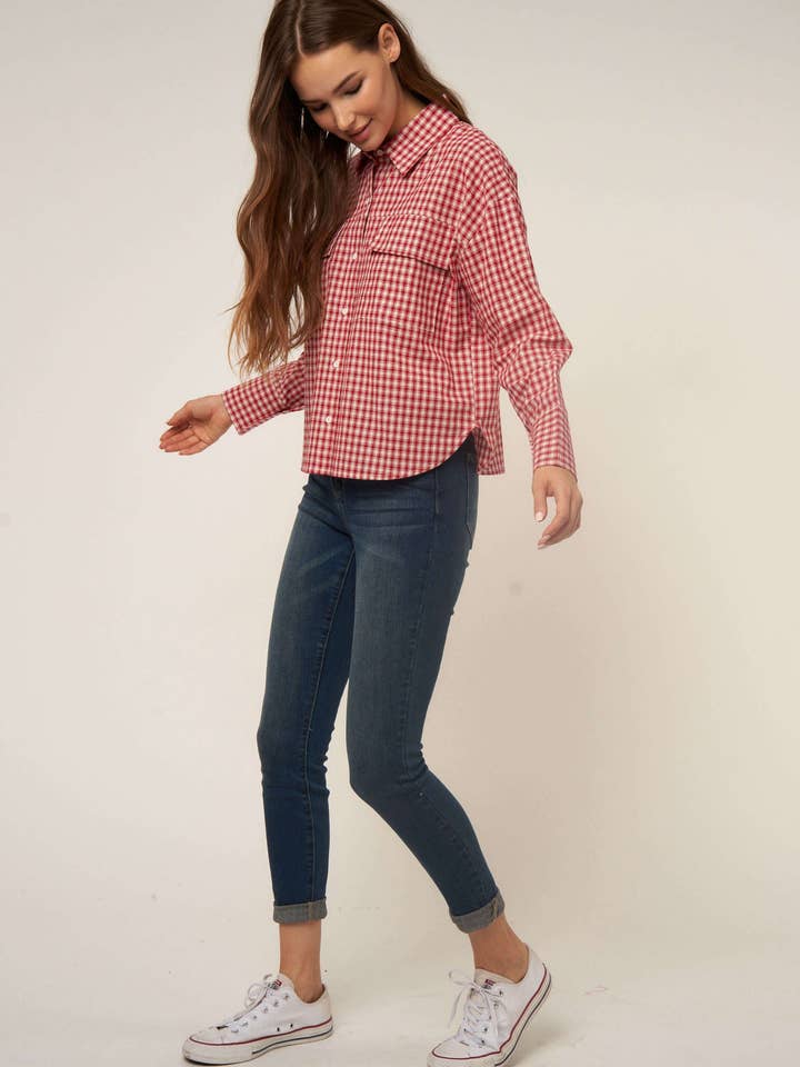 WINE SMALL GINGHAM BUTTON DOWN SHIRT for wholesale on Faire12