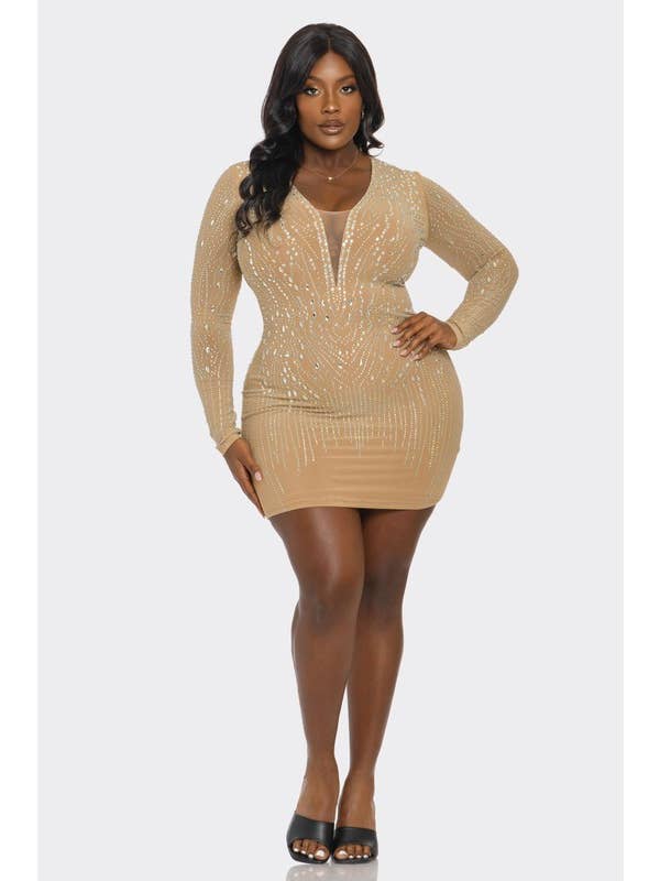 Desnudo Vestido ajustado con adornos de pedrería talla grande BCCDS63053 de venta al por mayor en Faire4