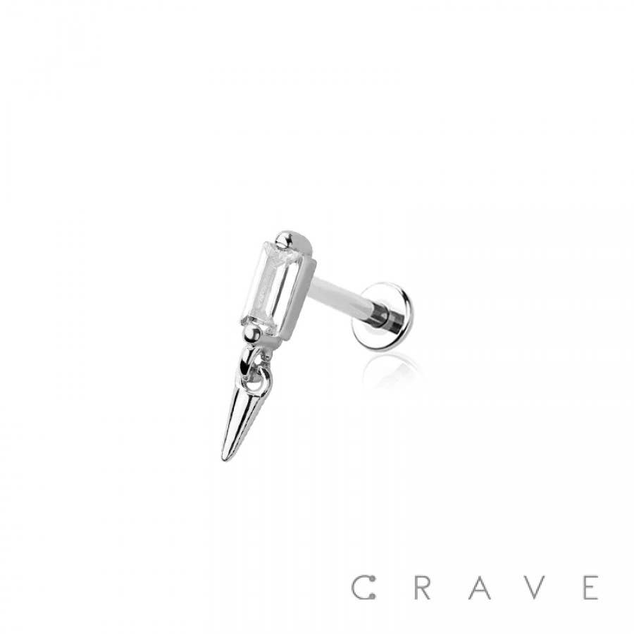 CRAVE - Wholesale Lip Ring - CONE SPIKE DANGLE CZ BAGUETTE TOP THREADLESS (PUSH IN) 316L3