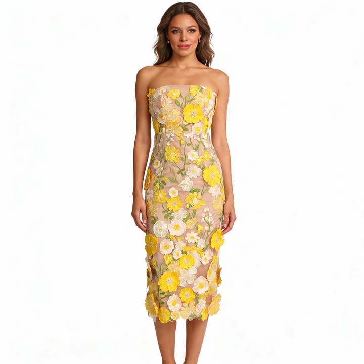 DR0122 2026 3D Embroidered Floral Strapless Dress Women for wholesale by Productseeker