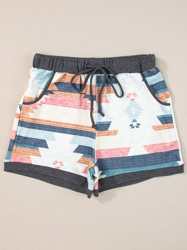 White Aztec Print Drawstring Waist Casual Shorts for wholesale on Faire