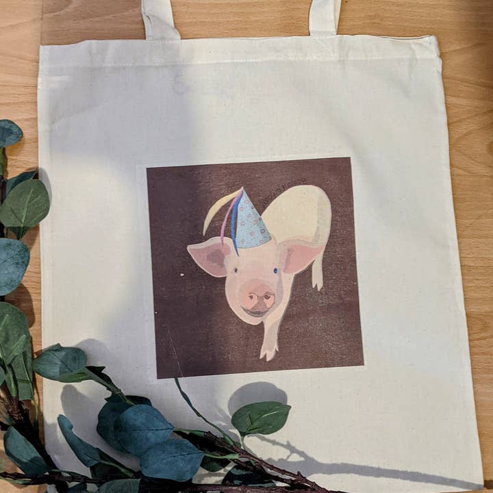 Party Pig tote bag for wholesale by Sazzlebybell