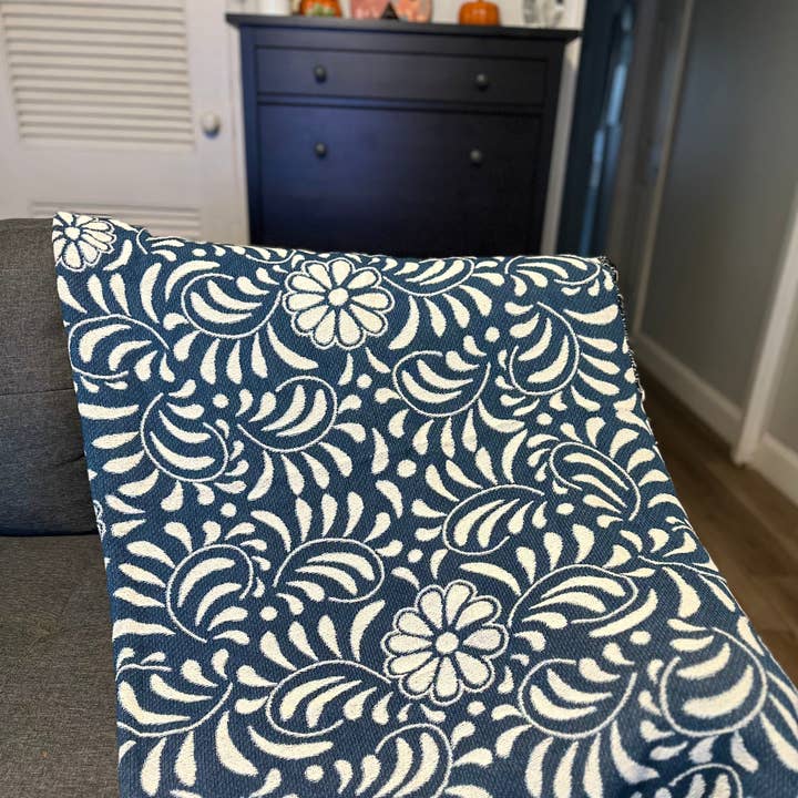 Blue Mexican floral woven blanket 50x60” clearance for wholesale by Ficus and Plants LLC