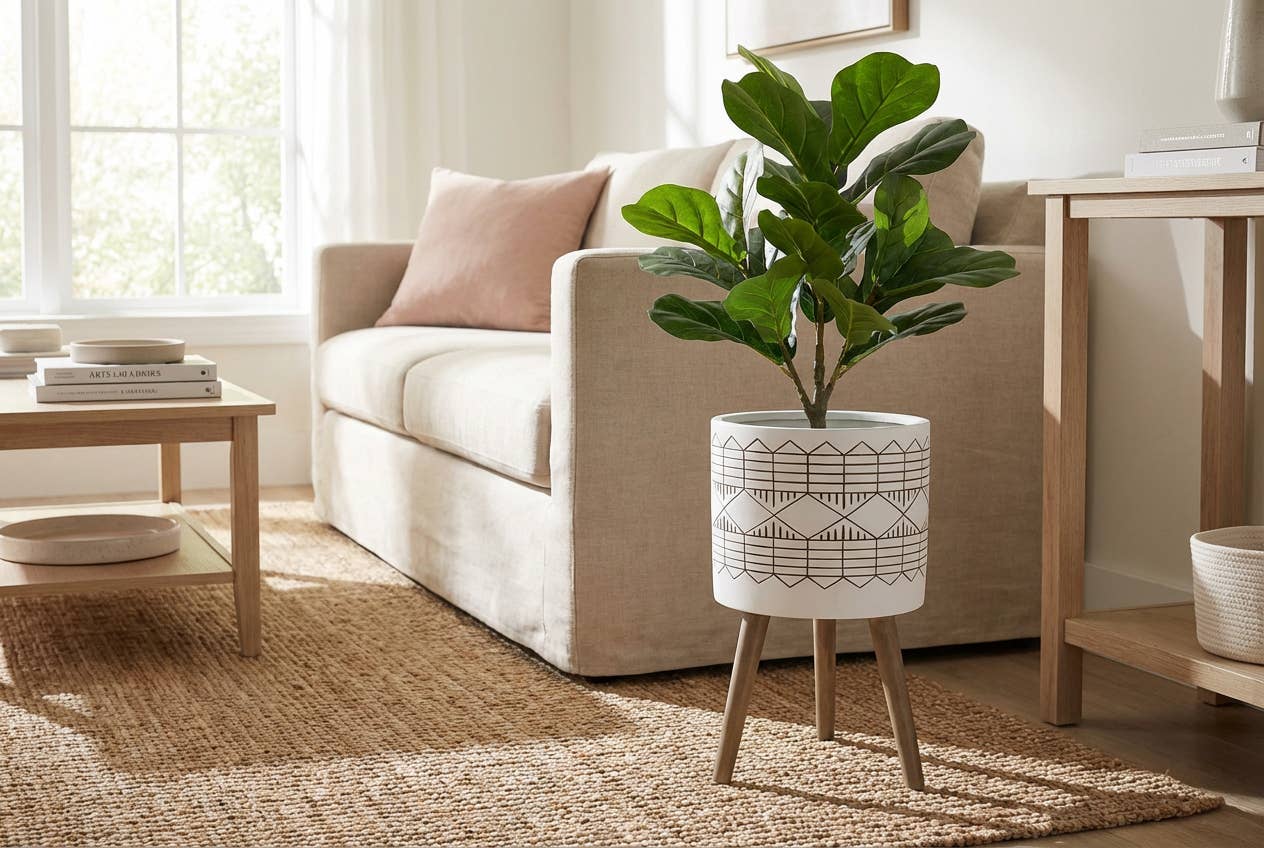 Flora Bunda Inc - Venta al por mayor Macetas - Macetero de cerámica con patrón tribal de 12" sobre patas de madera1