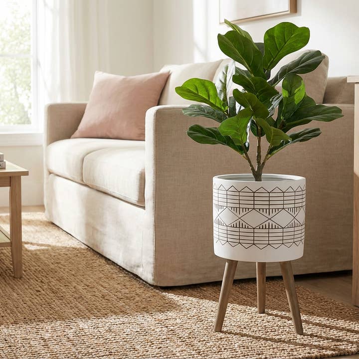 Flora Bunda Inc - Vendita all'ingrosso Vasi per piante - Fioriera in ceramica con motivo tribale da 12" su gambe in legno1