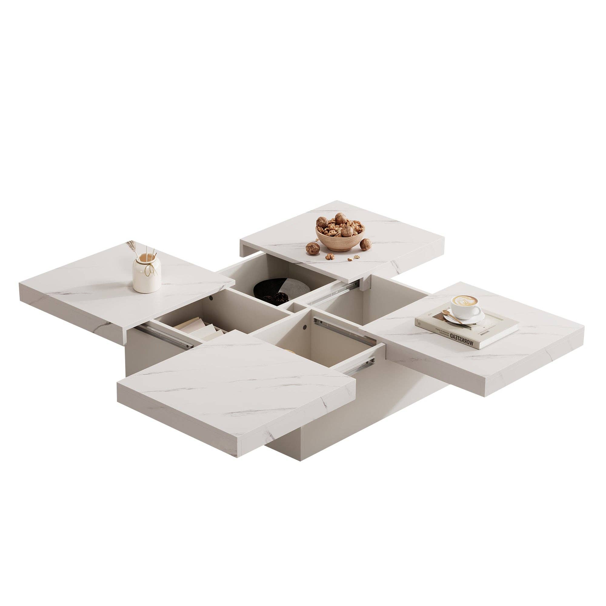 Urban Meuble - Wholesale Side Table - Modern white square coffee table with marble effect, 4 drawers, sliding top 90x90x25cm KHEKRIED44