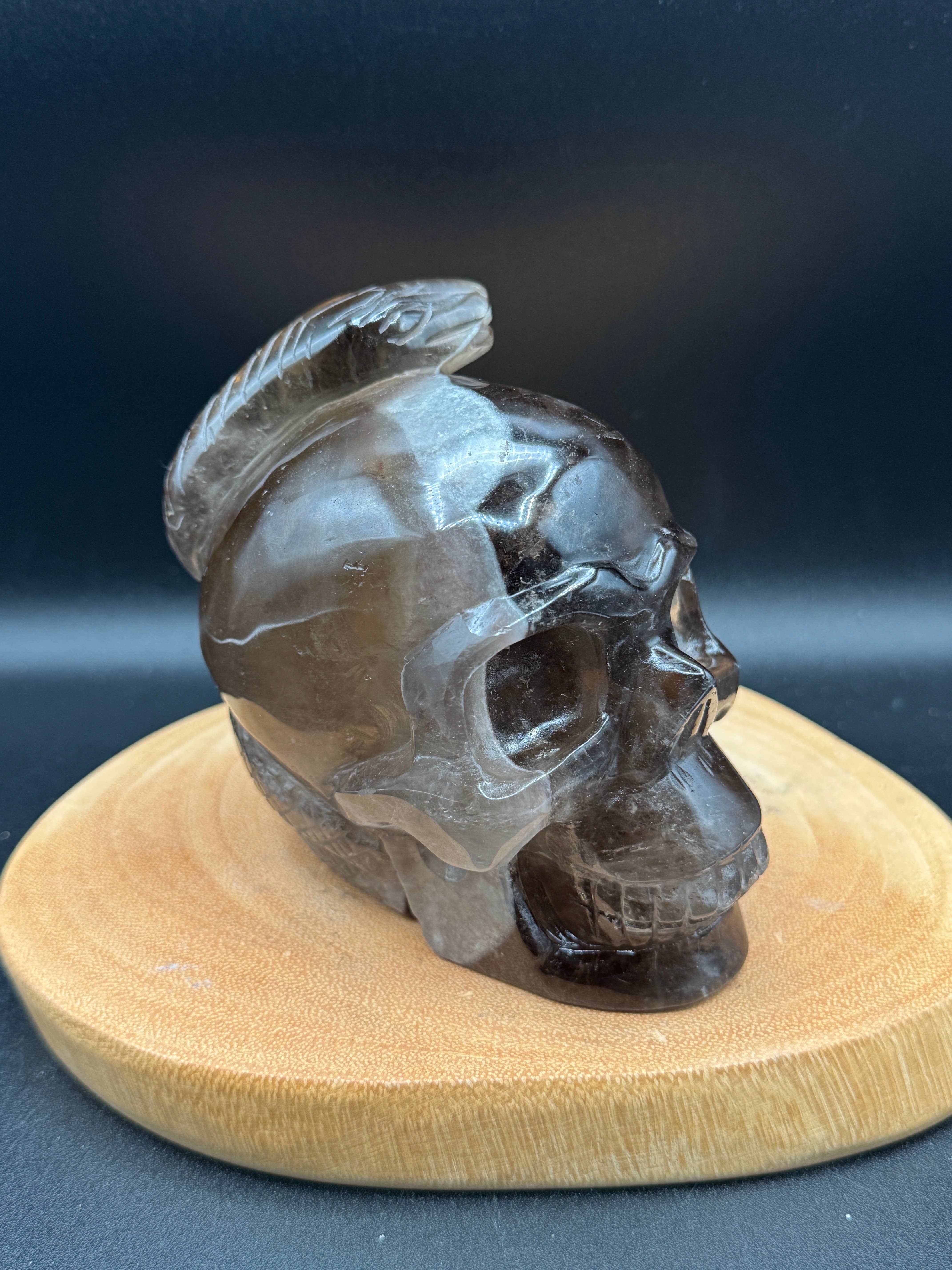 The 7 Directions - Wholesale Spiritual Stone/Crystal - 3.9 lb Unique Smoky skull w/ snake carving H366
