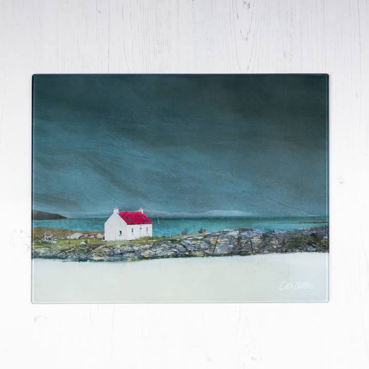 The Isle of Barra Glass Worktop Saver for wholesale by Cath Waters Scottish Landscapes
