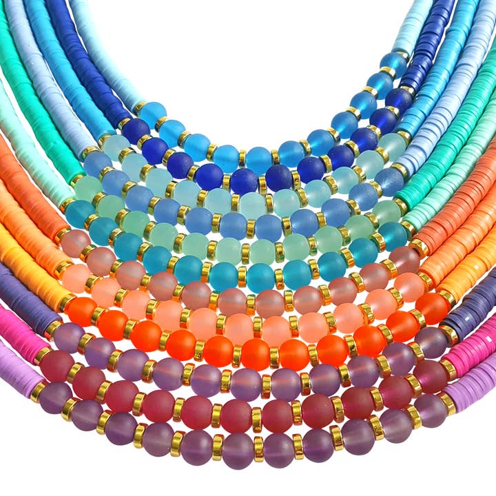 Beach Glass and Heishi Bead Necklace 12 PC Prepack for wholesale by Snazzy and Co