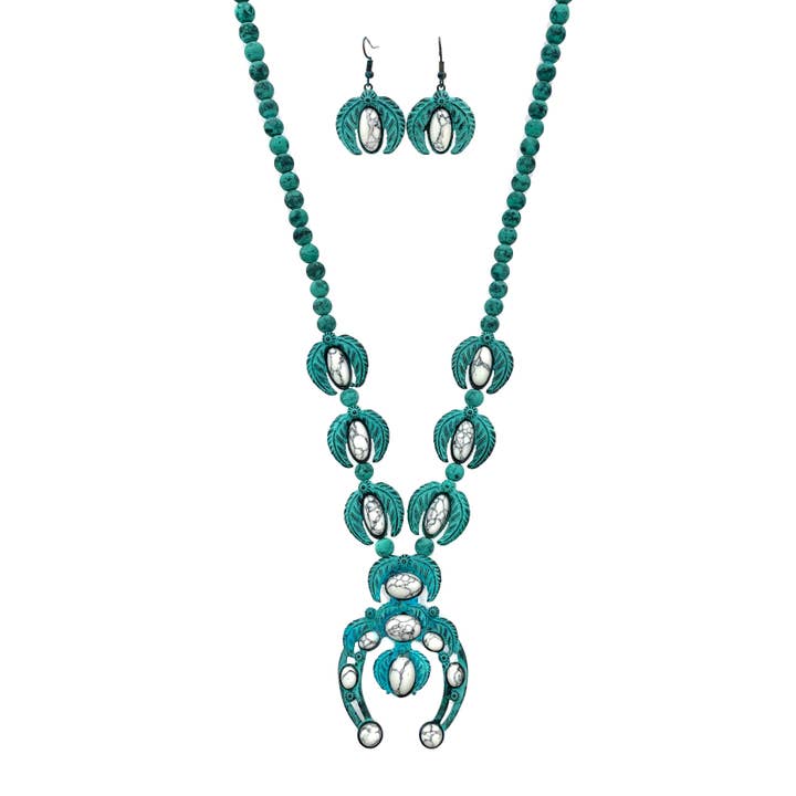 Turquoise Patina Squash Blossom Necklace Earrings Set for wholesale by Lunar Deer