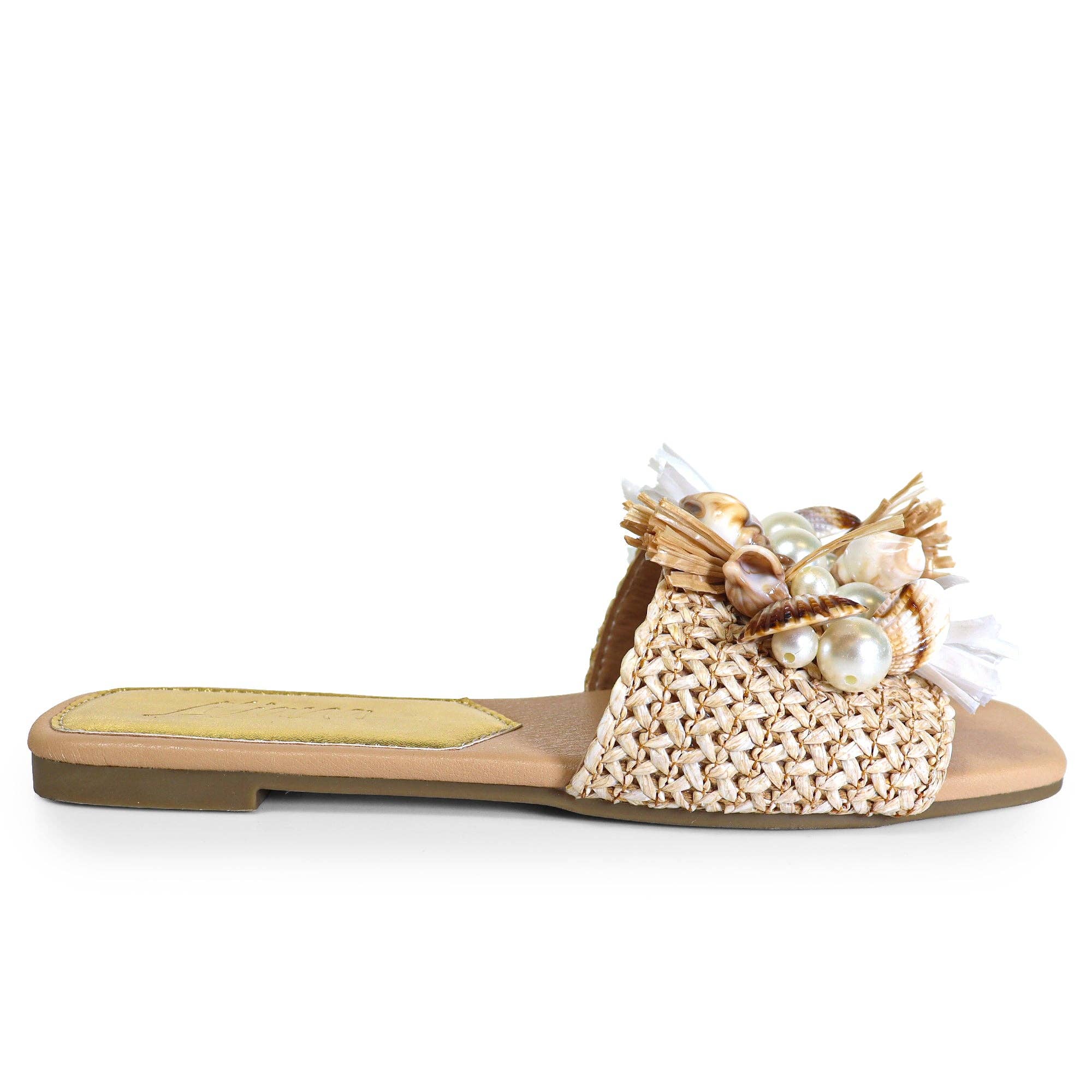 Naturel LEXI-1 SANDALE PLATE EN RAFFIA DE PLAGE AVEC COQUILLAGE ET PERLE NATURELLE en vente sur Faire7