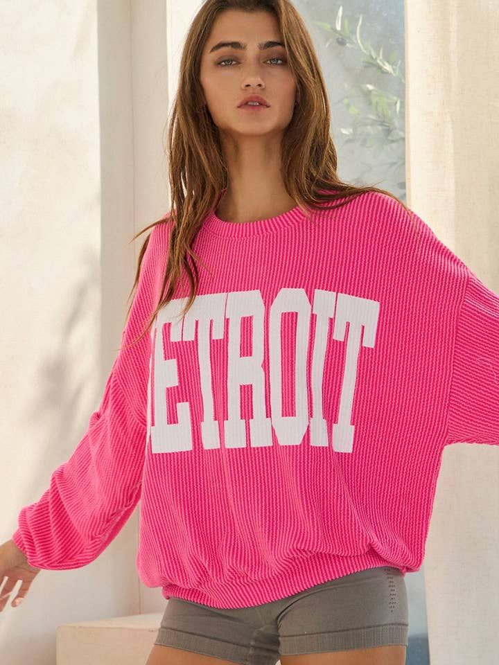 Fuchsia T1770-DETROIT 'DETROIT' Comfy Oversize Graphic Sweatshirt for wholesale on Faire