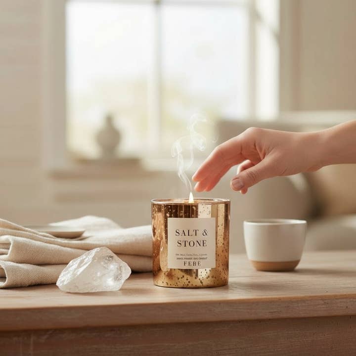 Salt & Stone - Oakmoss + Lavender 10 oz Gold Glass Candle for wholesale by FEBE Candles