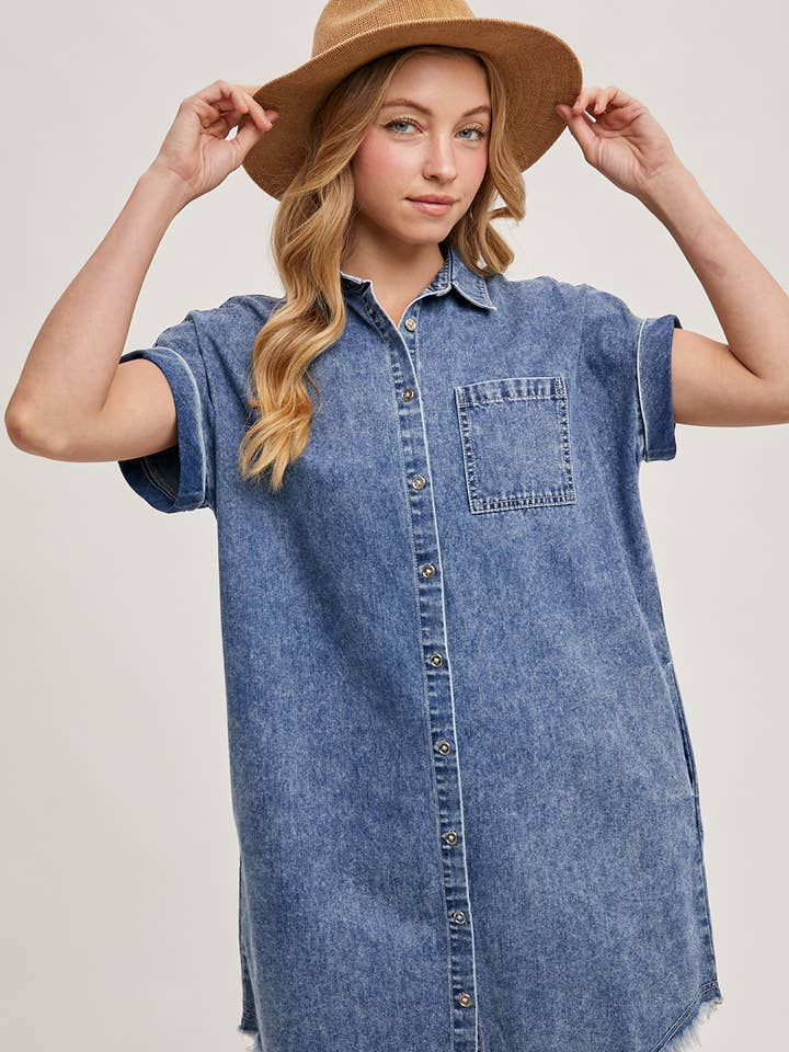 FLOSSEDE HEM DENIM SKJORTE KJOLE for engroshandel hos Bluivy