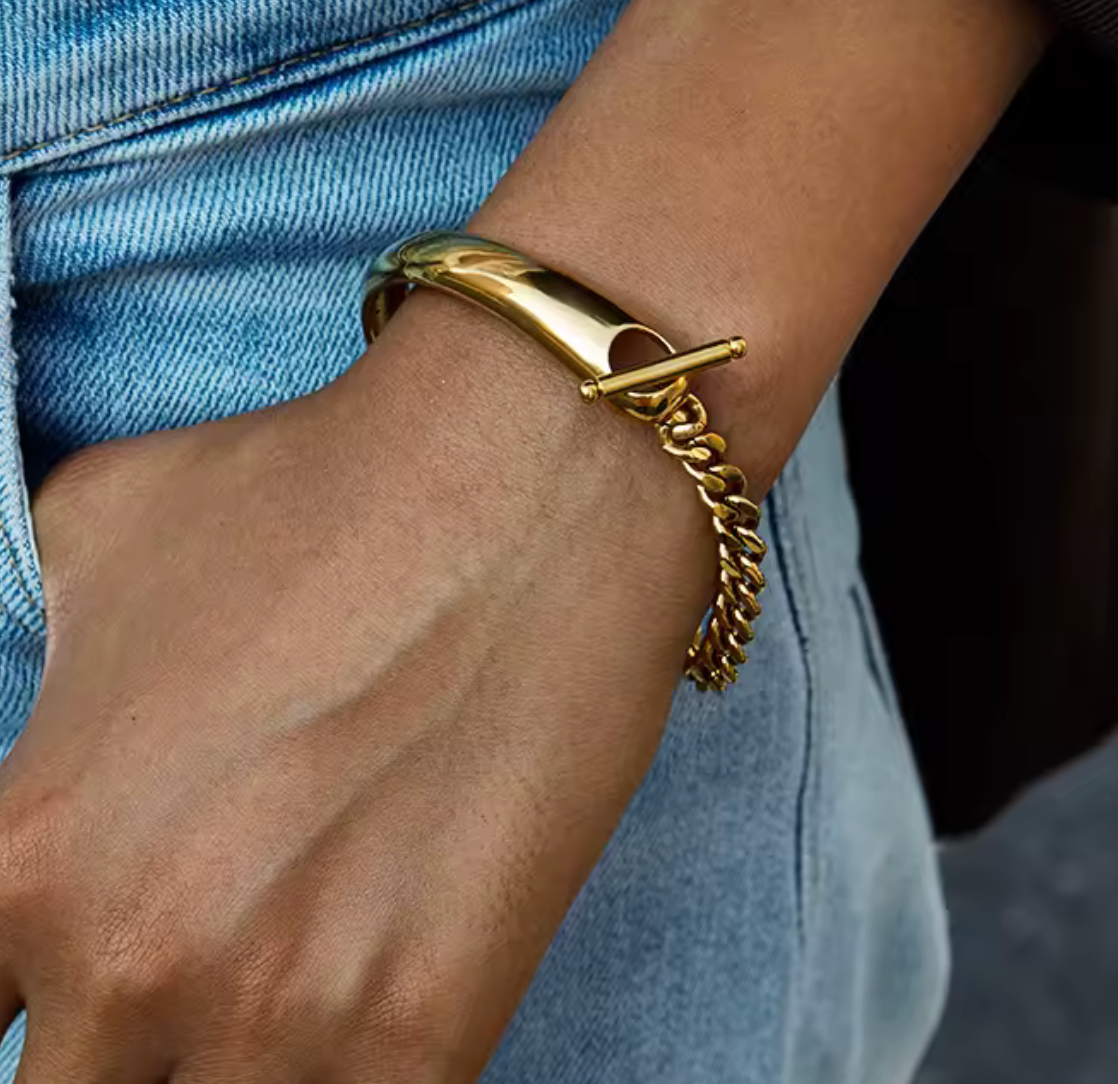 HoopLa – Pulseira de punho por atacado – Pulseira de Duplo Punho e Fecho Cubano 14K Ouro PVD à Prova de Água1