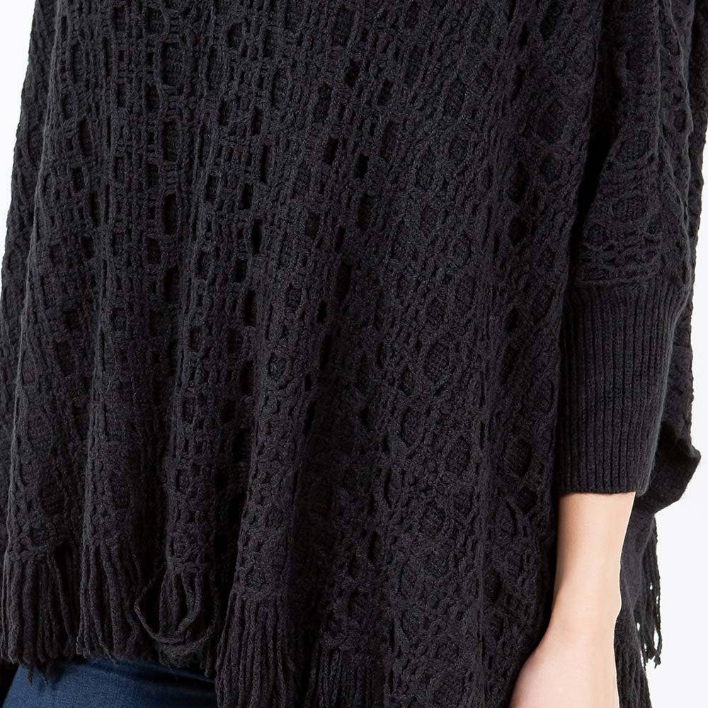 Sensibling Corp. - Wholesale Poncho - Women's - Boho Fringe Hem Crochet Knit Poncho6