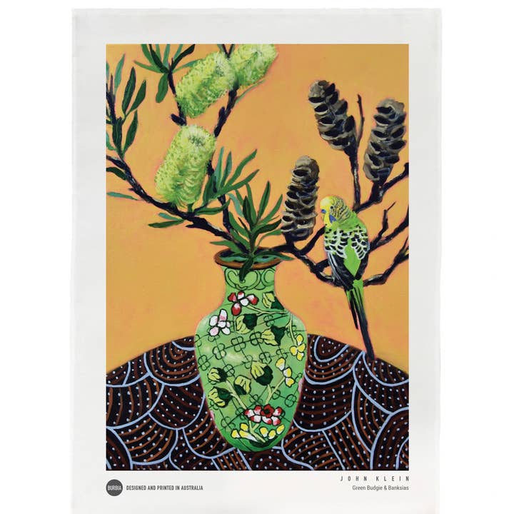 Green Budgie & Banksias Tea Towel for wholesale by Burbia