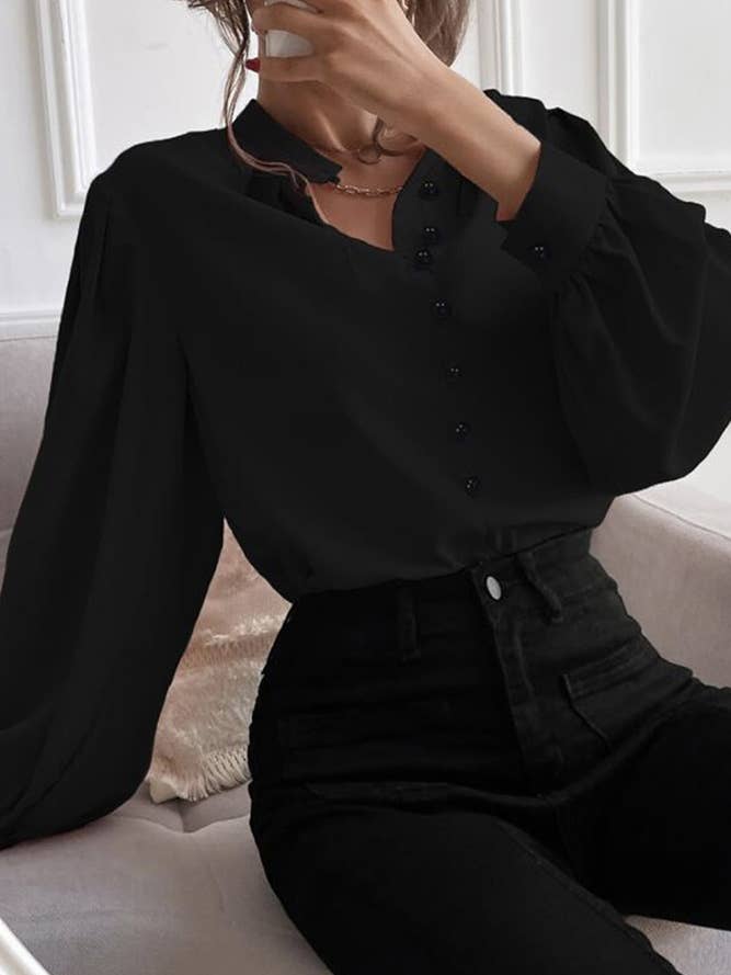 UNISHE - Wholesale Buttoned-down shirt – Women's - Plain Button V Neck Blouse Shirt GSS0996