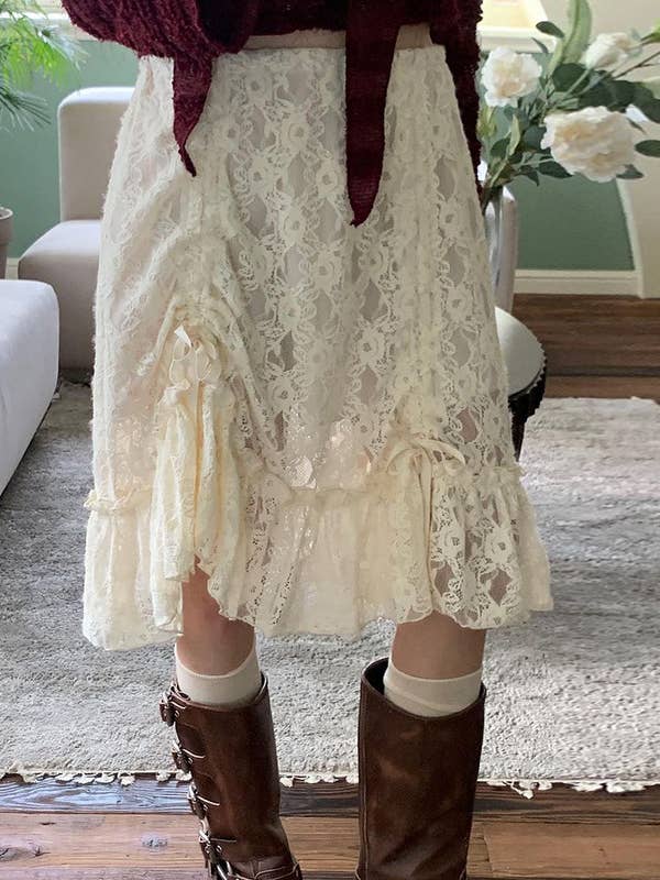 Lace Overlay Ribbons Bow Tie Cinched Knee Length Skirt for wholesale by Rosa Clothing