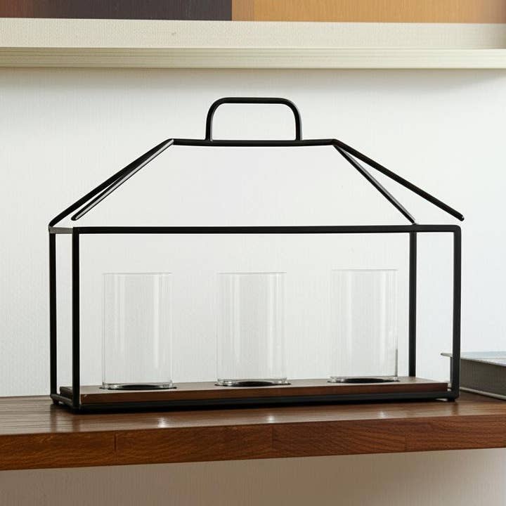 15"Black Metal Geometric Three Light Hurricane Candle Holder for wholesale by HomeRoots