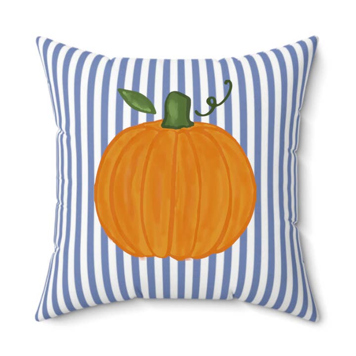 Pillow - Pumpkin on Blue Stripes for wholesale by Peachy Pendants