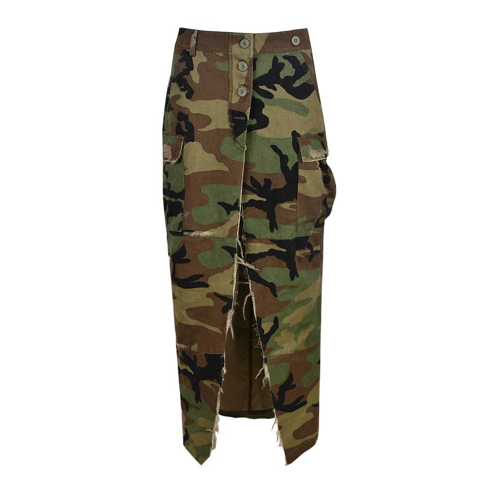 MB FASHION High-Waisted Camo Cargo Skirt with Slit 8805LY for wholesale on Faire4