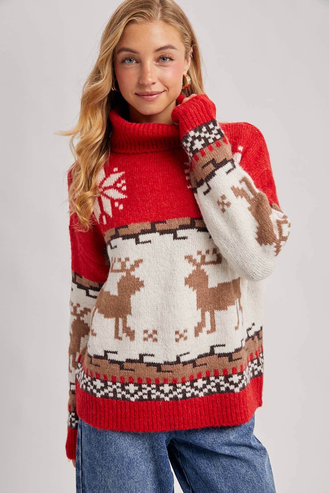 Bluivy - Wholesale Knit Sweater - Women's - FAIR ISLE TURTLE NECK REINDEER KNIT SWEATER FOR HOLIDAY1