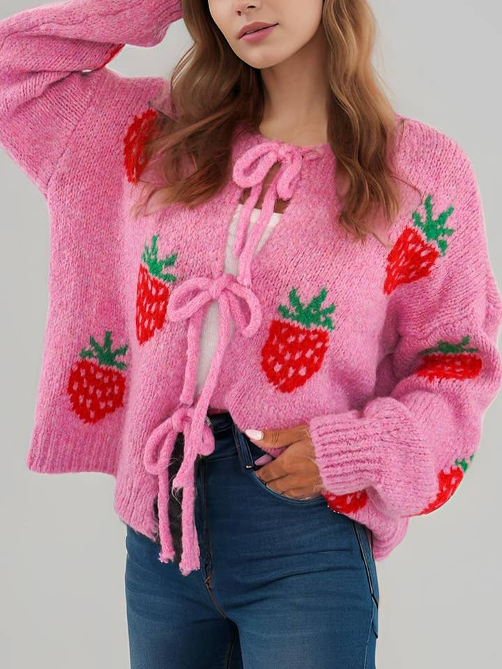 Cozy Slouchy Strawberry Jacquard Strappy Cardigan and other Purchase Wholesale pink pineapple sweaters. Free Returns & Net 60 Terms on Faire trending on Faire.