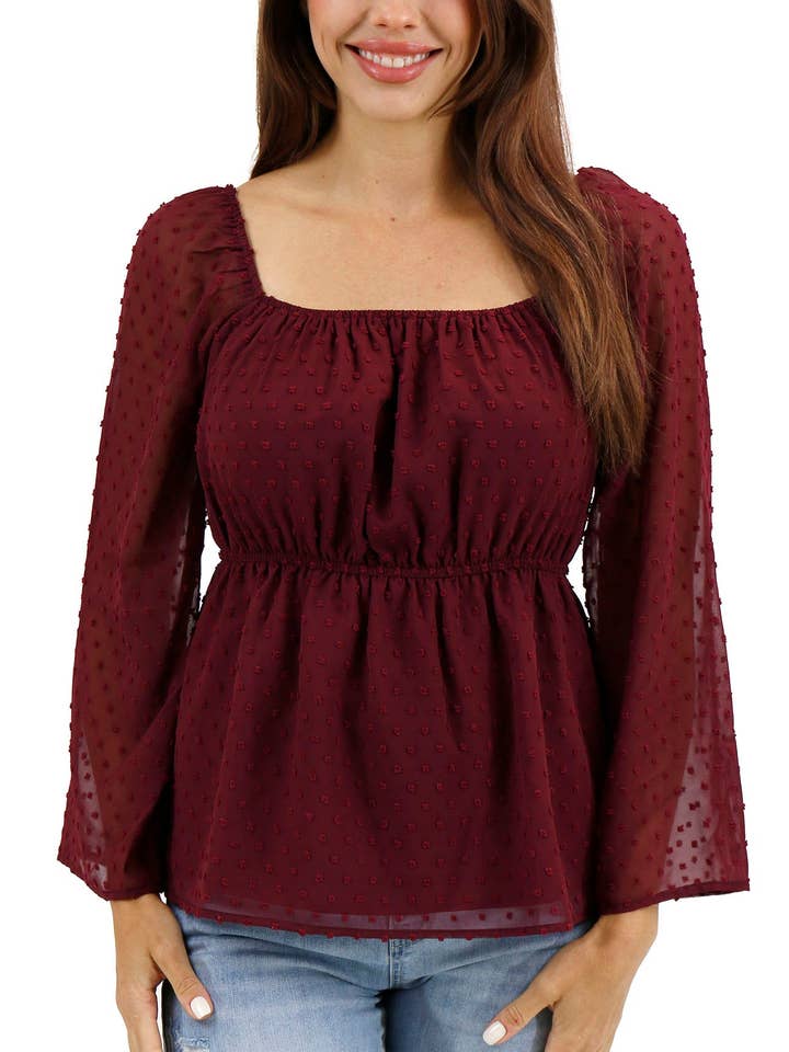 Dobby Dot Peplum Top In Zinfandel for wholesale by Grace and Lace