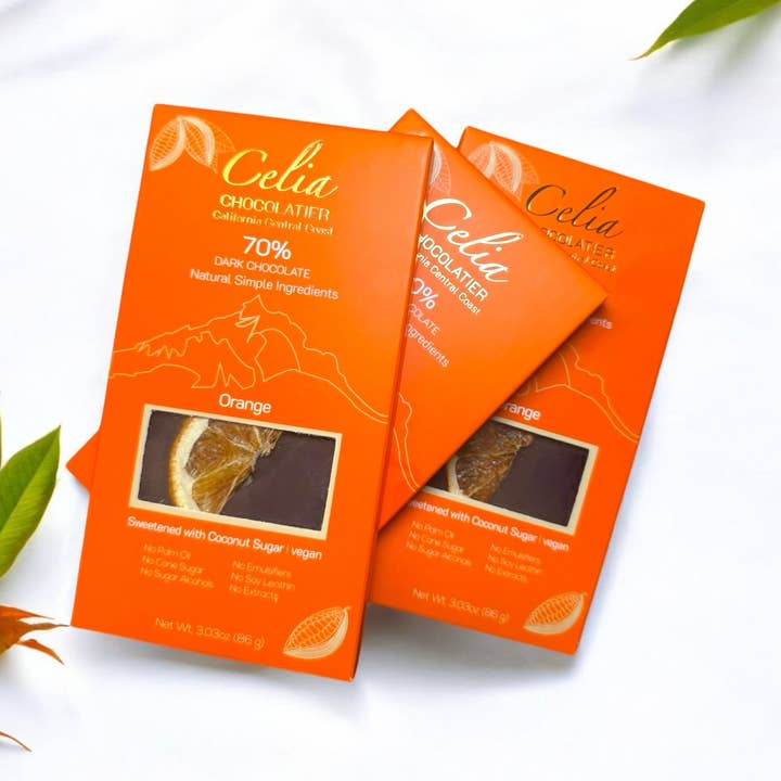 70% Dark Chocolate Orange Bar| Coconut Sugar | Ecuador Beans for wholesale by CELIA CHOCOLATIER