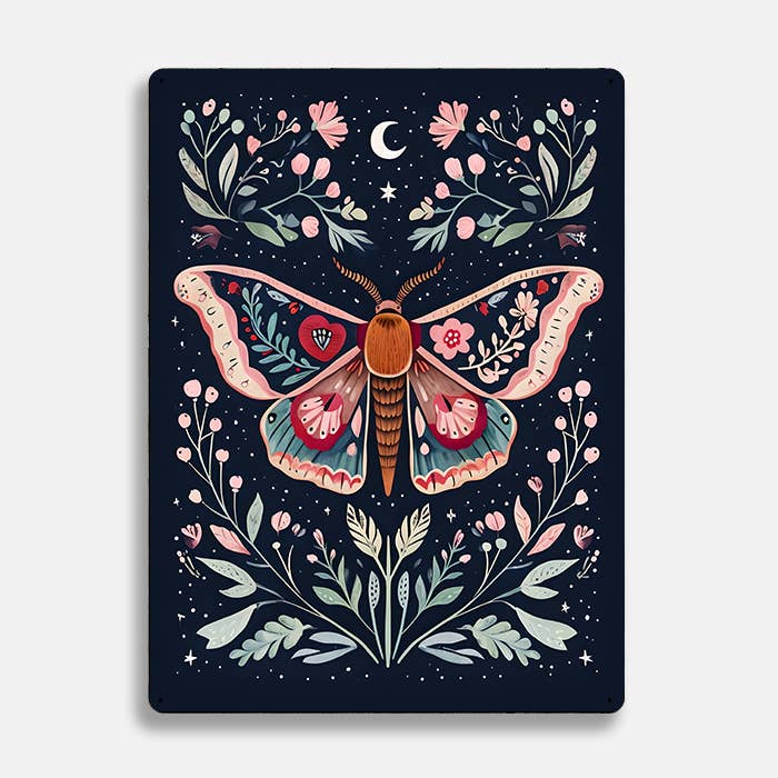 The British Metal Signs Company - Wholesale Sign - Moth Night Moon Floral scandinavian folk Metal Sign Plaque