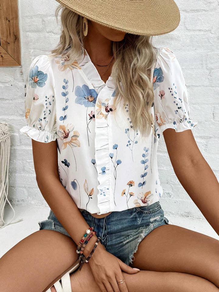 White Ruffled V-Neck Floral Printed Puff Sleeve Blouse GSS127 for wholesale on Faire2
