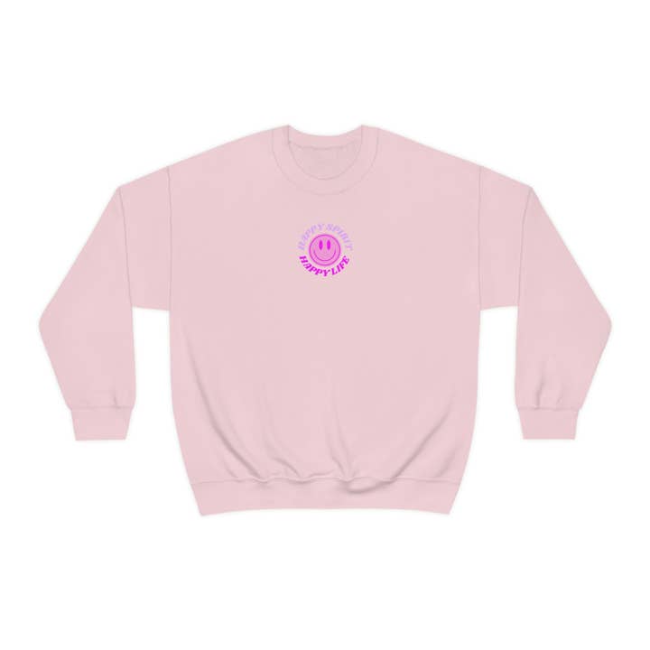 Happy Spirit Happy Life Sweatshirt, Gildan VSCO Girl Crewneck, Oversized Tumblr Front Back Print Smile Happy Mind Trendy Retro Surf Font for wholesale by Happy Life Stuff