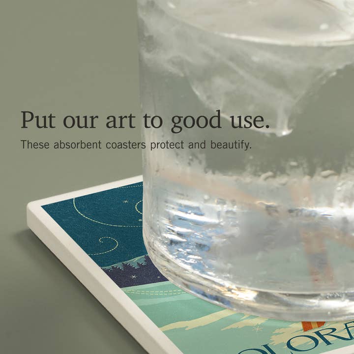 Lantern Press - Wholesale Coasters - CERAMIC COASTER Colorado, Crossed Skis, Letterpress3
