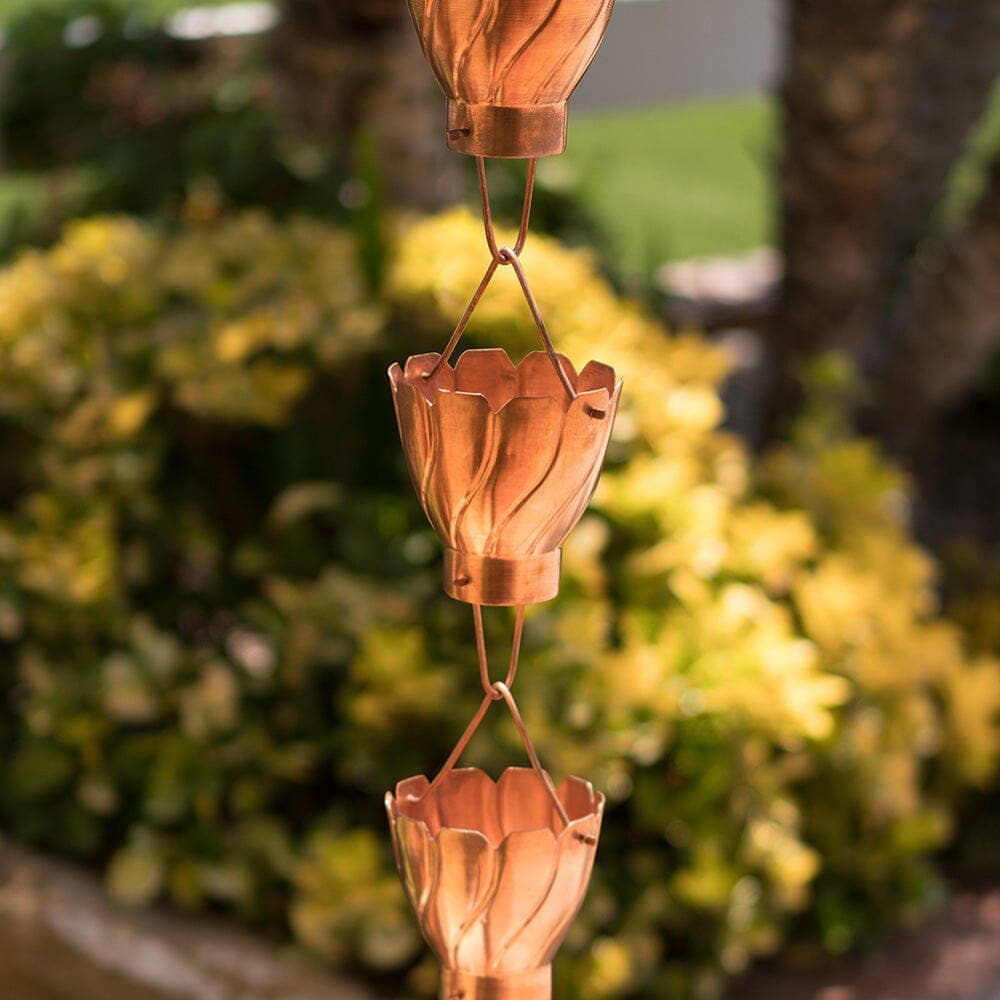 Pure Copper Akira Cup Style Rain Chain Replacement Downspout for Gutters for wholesale on Faire0