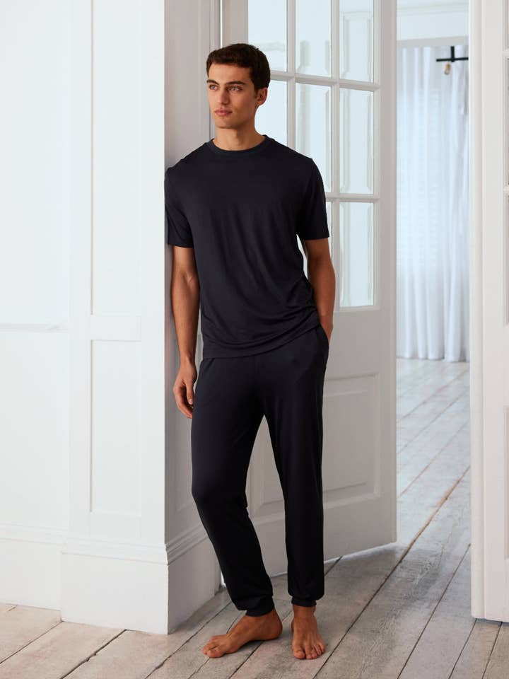 Crew Neck Long Pyjama Set - Navy for wholesale by Chelsea Peers