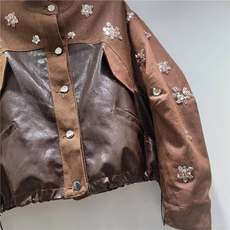 Farbe als Bilder JK182 Handgefertigte Jeansjacke aus PU-Leder mit Perlen und Pailletten für den Großhandel auf Faire3