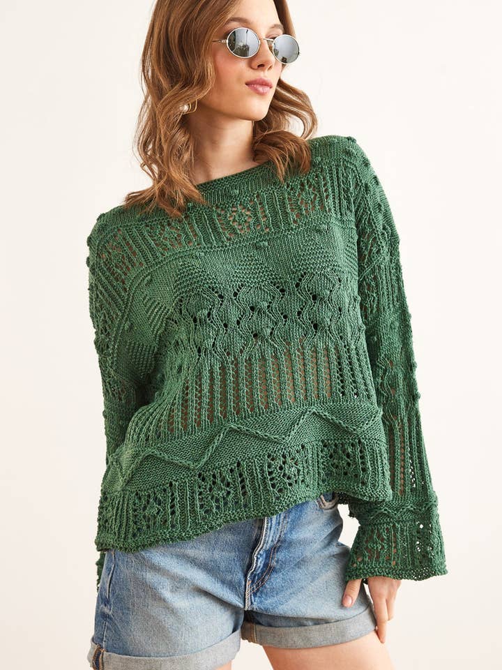 Mini Pom-Pom Openwork Cotton Knit Blouse for wholesale by Hoxton Gal