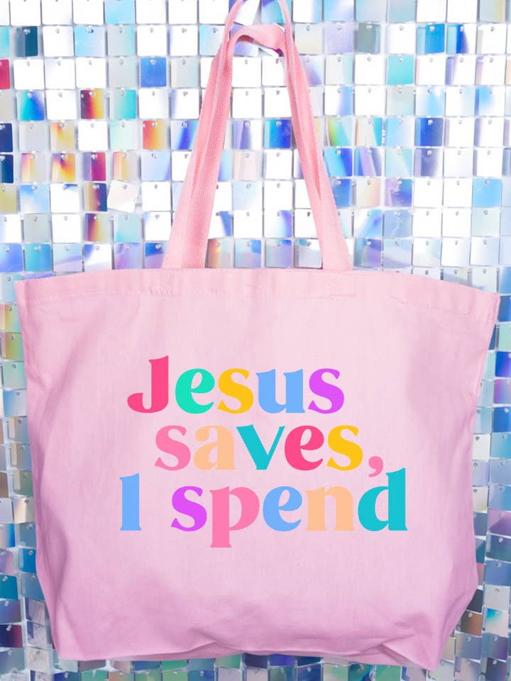 Jesus Saves, I Spend Canvas Jumbo Tote for wholesale by Wholesale Accessory Market